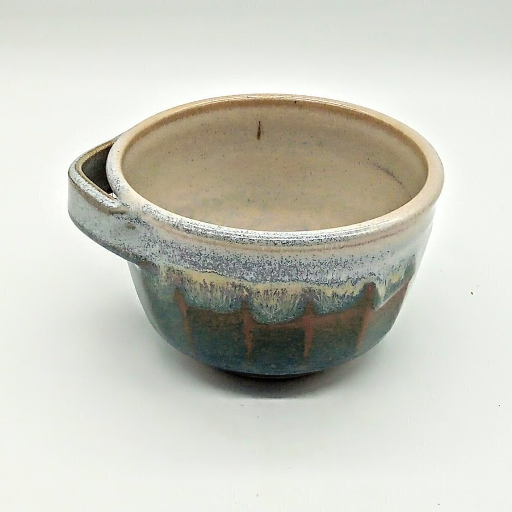 Signed Dutcher Blue Green Tan Glazed Pottery Mug Bowl